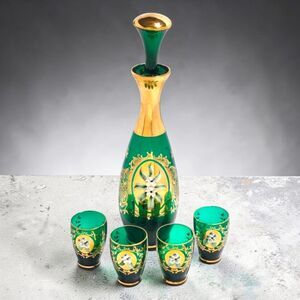 Bohemian Art Glass Decanter Set 4 Glasses Stopper Emerald Green Gold Floral